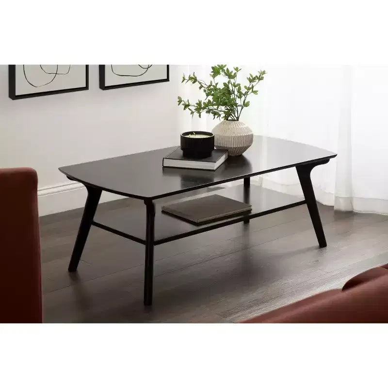 Table basse en bois noire à deux niveaux avec étagère de rangement 48x24x18