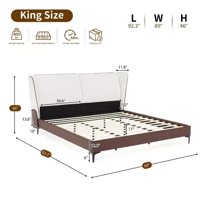 Lit plateforme en similicuir taille King avec tête de lit capitonnée à oreilles en tissu peluche