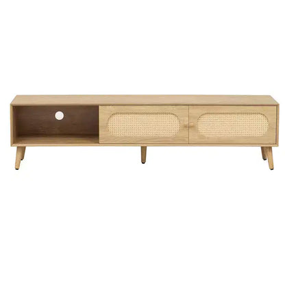Meuble TV Bohème avec Tiroirs pour TV 75 pouces, Meuble TV en Bois avec Pieds en Bois Massif pour Salon, Naturel