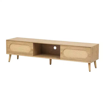 Meuble TV Bohème avec Tiroirs pour TV 75 pouces, Meuble TV en Bois avec Pieds en Bois Massif pour Salon, Naturel