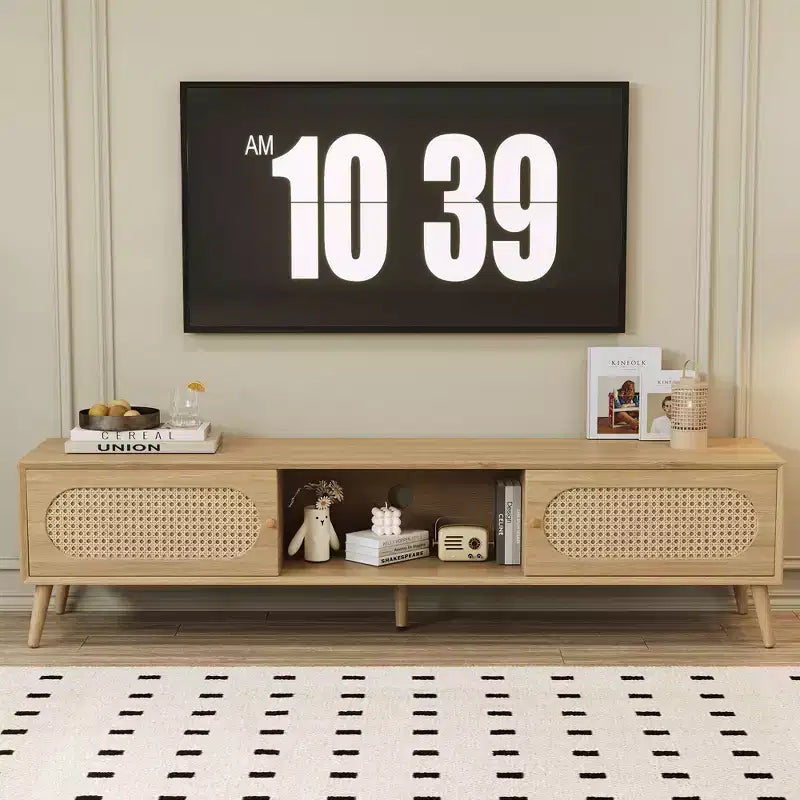 Meuble TV Bohème avec Tiroirs pour TV 75 pouces, Meuble TV en Bois avec Pieds en Bois Massif pour Salon, Naturel