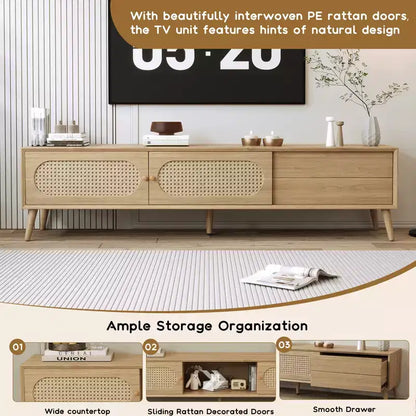 Meuble TV Bohème avec Tiroirs pour TV 75 pouces, Meuble TV en Bois avec Pieds en Bois Massif pour Salon, Naturel