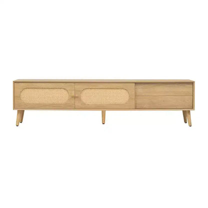 Meuble TV Bohème avec Tiroirs pour TV 75 pouces, Meuble TV en Bois avec Pieds en Bois Massif pour Salon, Naturel