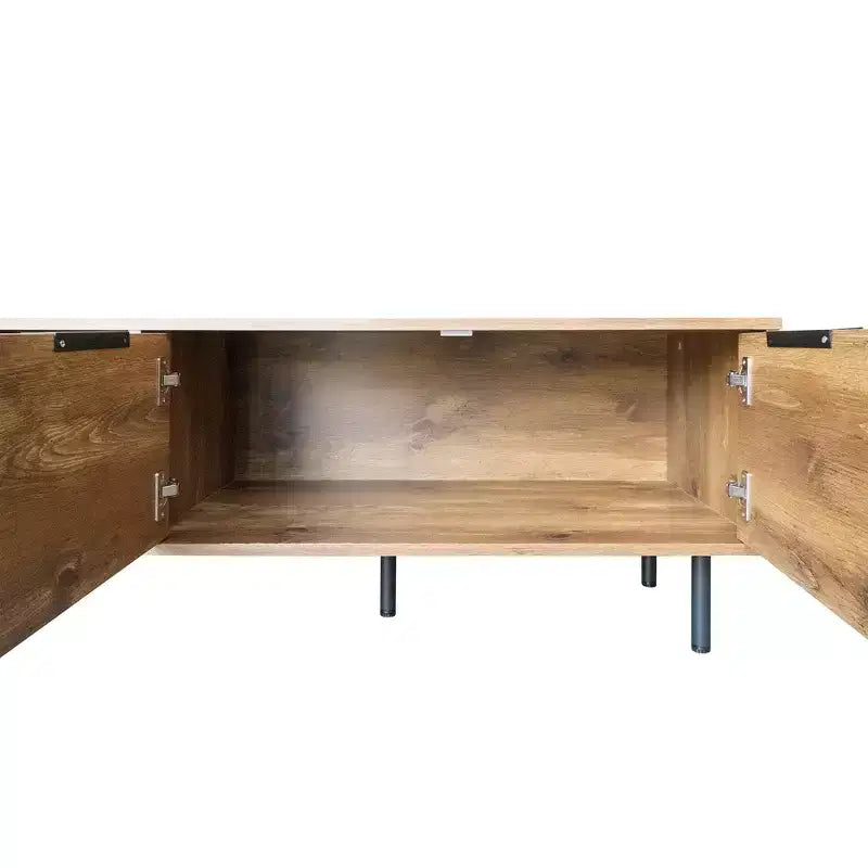 Meuble TV de ferme avec tiroirs pour téléviseur de 75 pouces, table de rangement TV en bois avec portes et pieds en bois massif pour salon, naturel