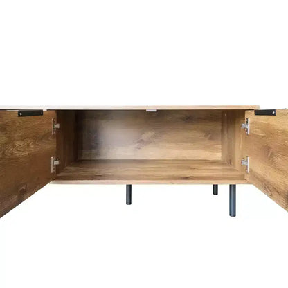 Meuble TV de ferme avec tiroirs pour téléviseur de 75 pouces, table de rangement TV en bois avec portes et pieds en bois massif pour salon, naturel