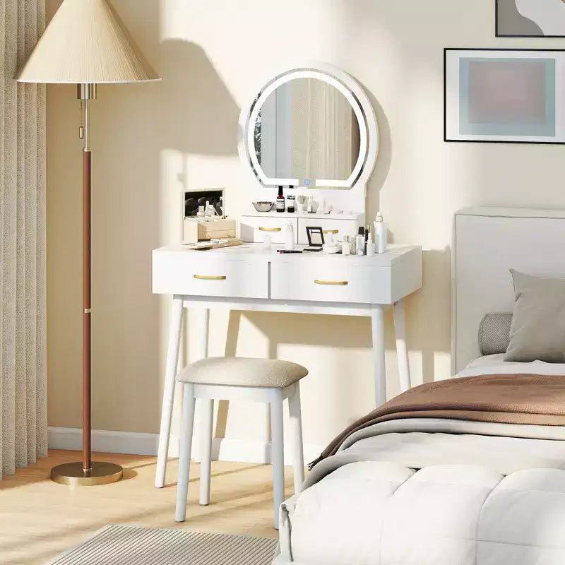 Coiffeuse avec Miroir, Tabouret Rembourré et 3 Modes d'Éclairage LED
