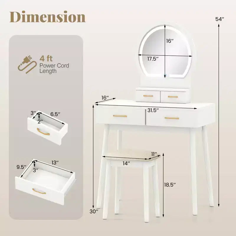 Coiffeuse avec Miroir, Tabouret Rembourré et 3 Modes d'Éclairage LED
