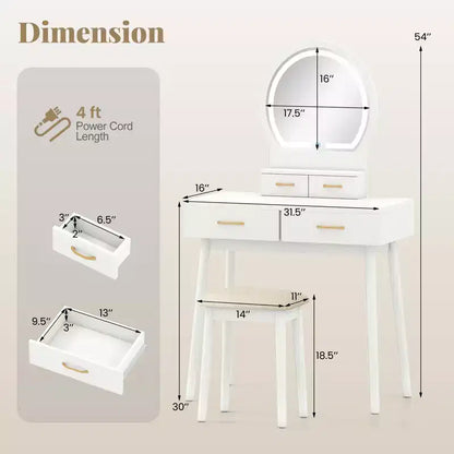 Coiffeuse avec Miroir, Tabouret Rembourré et 3 Modes d'Éclairage LED