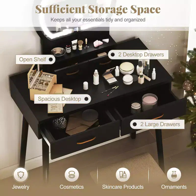 Coiffeuse avec Miroir, Tabouret Rembourré et 3 Modes d'Éclairage LED
