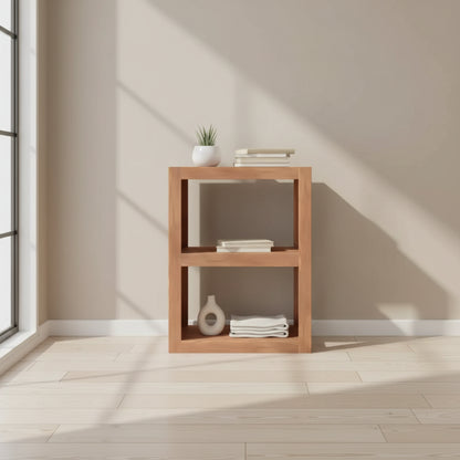 Table d'appoint en teck massif avec compartiments de rangement ouverts