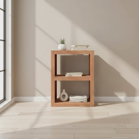 Table d'appoint en teck massif avec compartiments de rangement ouverts