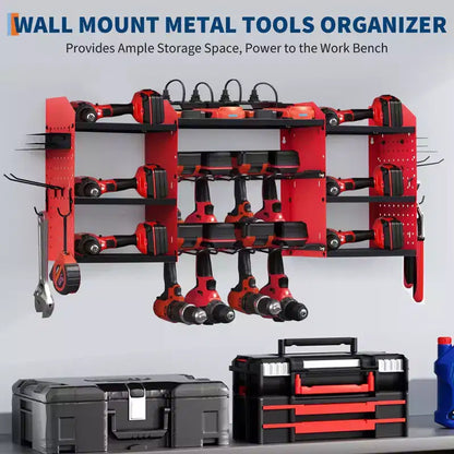 Organisateur d'outils électriques mural, support de garage robuste à 4 niveaux, étagère de rangement pour 8 perceuses sans fil avec crochets, étagère pour forets, support de rangement pour batteries