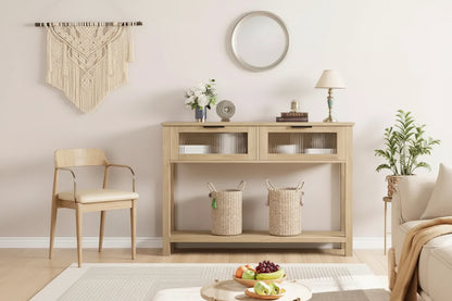 Console étroite à 2 niveaux avec 2 tiroirs en verre, table de canapé et d'entrée moderne pour salon, couloir, naturel