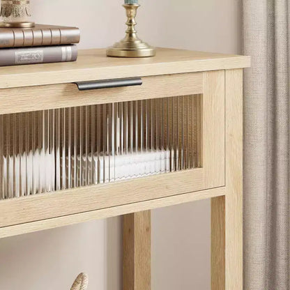 Console étroite à 2 niveaux avec 2 tiroirs en verre, table de canapé et d'entrée moderne pour salon, couloir, naturel