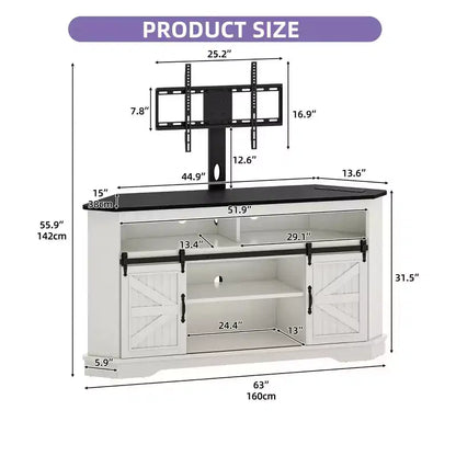 Meuble TV avec support pour téléviseur de 70 pouces, meuble de divertissement d'angle avec portes coulissantes de style grange et prise de courant, table console multimédia pour salon