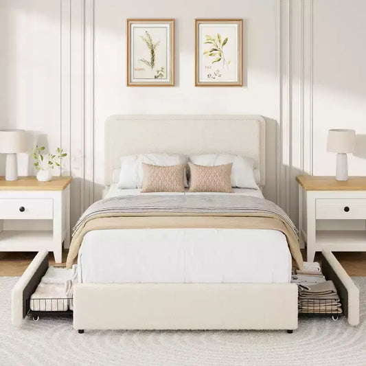 Cadre de lit en polaire Teddy, cadre de lit crème nuage avec 2 tiroirs de rangement et tête de lit réglable, tissu Teddy doux, aucun sommier tapissier requis, assemblage facile