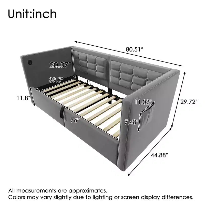 Lit de repos capitonné pour une personne avec ports USB et rangement caché