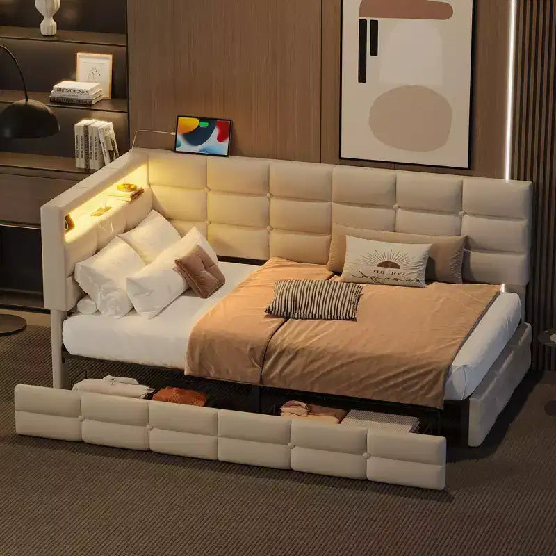 Lit de repos capitonné pour une personne avec ports USB et rangement caché