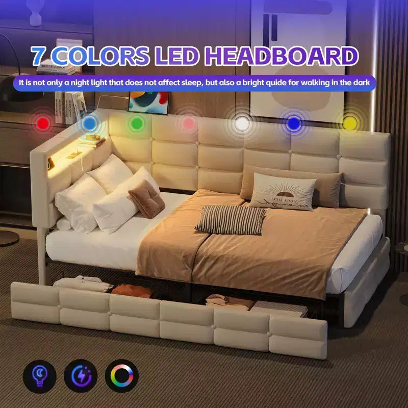 Lit de repos capitonné pour une personne avec ports USB et rangement caché