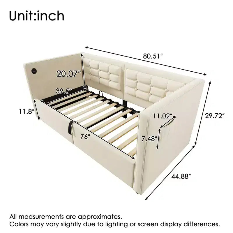 Lit de repos capitonné pour une personne avec ports USB et rangement caché