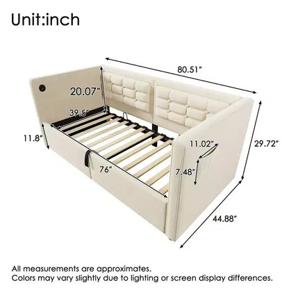 Lit de repos capitonné pour une personne avec ports USB et rangement caché