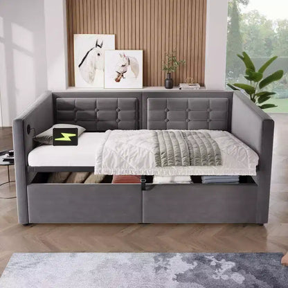 Lit de repos capitonné pour une personne avec ports USB et rangement caché