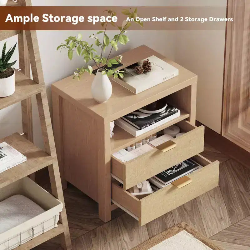 Table de chevet en chêne naturel avec station de recharge, table de chevet en bois à 2 tiroirs, étagère de rangement, meuble d'appoint de chambre à coucher moderne style ferme, table d'appoint.