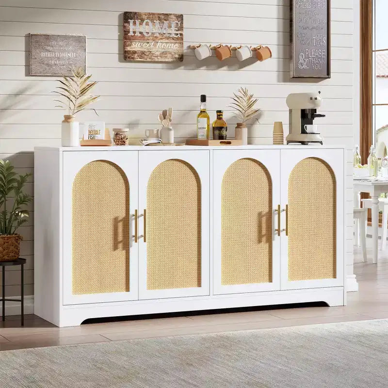 Meuble de rangement buffet de 150 cm - Grande crédence avec 4 portes en rotin, console moderne, meuble de bar à café pour salon, cuisine