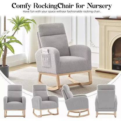 Fauteuil à bascule moderne avec dossier haut, accoudoirs, poches latérales, revêtement en polaire bouclette, pieds en bois robustes, fauteuil à bascule d'appoint pour salon, chambre à coucher