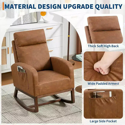 Fauteuil à bascule moderne avec dossier haut, accoudoirs, poches latérales, revêtement en polaire bouclette, pieds en bois robustes, fauteuil à bascule d'appoint pour salon, chambre à coucher